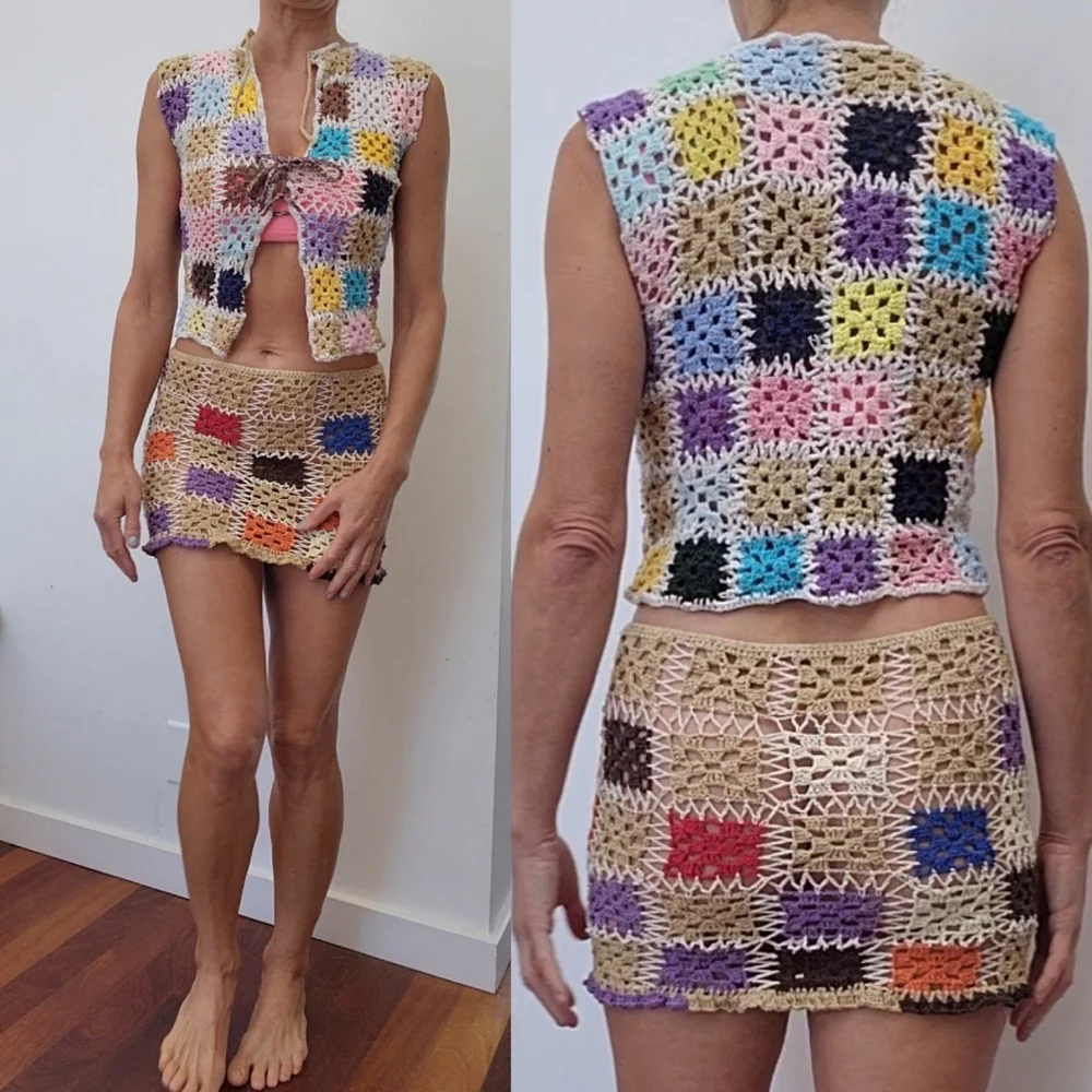 Custom SET: crochet Festival Knit checker multi color skirt + top xs  andi bagus - Picture 2 of 4